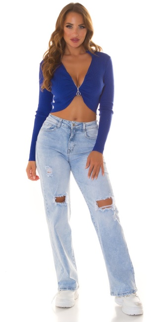 ribbed crop cardigan with zipper Blue